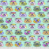 Sqaure Tea Time Daydream fabric swatch (mint fabric with lines of tea cups and saucers in various styles/colours allover with navy heart on all cups)