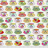 Sqaure Tea Time Sugar fabric swatch (white fabric with lines of tea cups and saucers in various styles/colours allover with pale green heart on all cups)