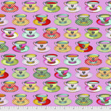 Sqaure Tea Time Wonder fabric swatch (medium pink fabric with lines of tea cups and saucers in various styles/colours allover with pale green heart on all cups)