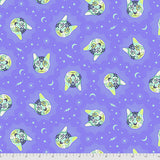 Square swatch Cheshire fabric (lavender coloured fabric with tossed white/blue/yellow cat heads and sky decorations: moons, stars, lightning bolts, etc.)