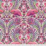 Square swatch Dragonfruit fabric (pale pink fabric with busy tossed greenery leaves with pink and blue shades as well, tossed flamingo birds facing one another)