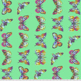 Square swatch Lagoon fabric (bright mint green/turquoise coloured fabric with lines of butterflies and moths in technicolour)