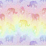 Square swatch Passionfruit fabric (white fabric with rainbow metallic ombre dots allover with tossed jaguar animals in rainbow shades)