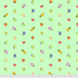 Square swatch Mojito fabric (light mint green fabric with tossed full colour illustrative small fruits allover)