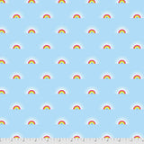 Square swatch Cloud fabric (pale blue fabric with small tossed rainbows with shining white outlines)