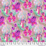 Square swatch Deer John fabric (pale pink fabric with busy tossed floral and greenery design with purple deer)