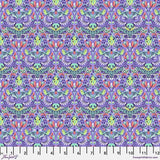 Square swatch Bear With Me fabric (purple and pastel kaleidoscope look fabric with bear face image)