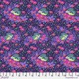Square swatch Who's Your Dandy fabric (dark purple fabric with busy pink and purple floral and tossed green hedgehogs)