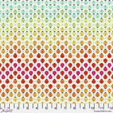 Square swatch Painted Ladies Glow fabric (cream fabric with multicoloured lady bugs in chevron style colour stripes)