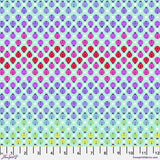 Square swatch Painted Ladies Glimmer fabric (pale blue fabric with multicoloured lady bugs in chevron style colour stripes)