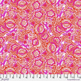 Square swatch Out Foxed fabric (busy floral toss in pink, red, white shades with tossed pink foxes)