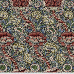 Square swatch Montagu: Wandle fabric (busy intricate floral design allover in large and small scattered/collaged floral in greens, red, blue and yellow pale shades)