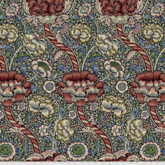 Square swatch Montagu: Wandle fabric (busy intricate floral design allover in large and small scattered/collaged floral in greens, red, blue and yellow pale shades)
