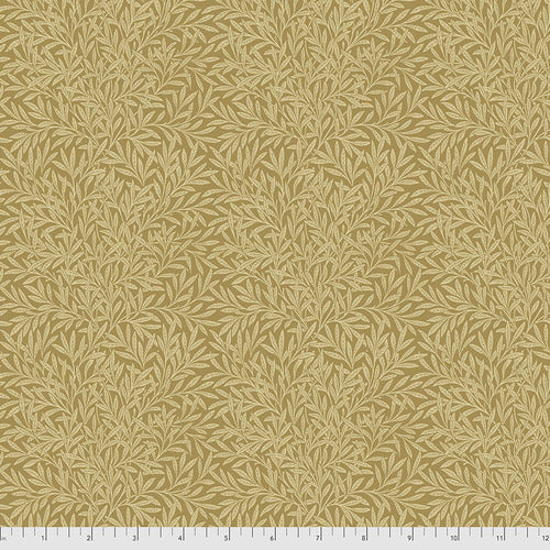 Square swatch Willow: Gold fabric (gold yellow fabric with pale intricate leafy branches pattern allover)