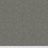 Square swatch Pure Sunflower fabric (deep neutral grey fabric with intricate fleur de lis look floral pattern in dark grey faint allover)