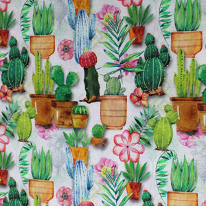Swatch of multi potted cactus printed fabric