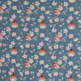 Square swatch Linotte fabric (pale blue/grey fabric with grey branches and white/pink cherry blossom look flowers allover with little birds sitting on branches in white, grey with orange faces/bellies)