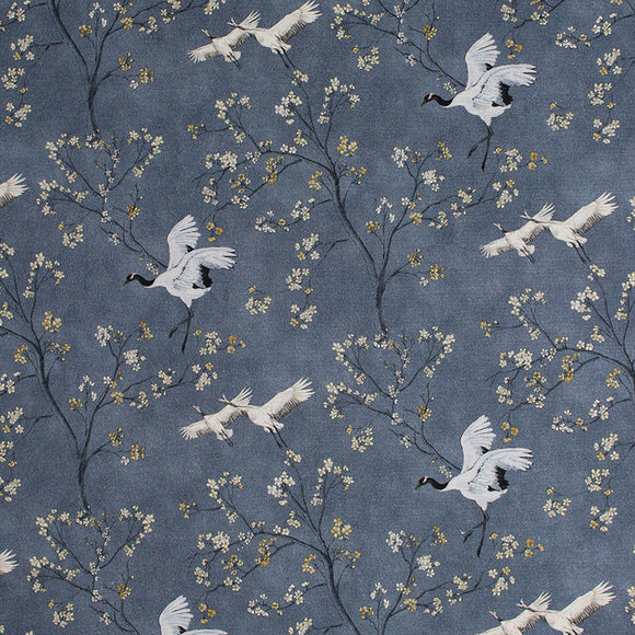 Square swatch mandchourie fabric (dark grey marbled look fabric with grey branchy trees with small cream coloured flowers and tossed white and black crane birds)