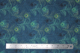 Flat swatch peacock feather fabric (dark pale blue fabric with sparse green and black peacock feathers allover)
