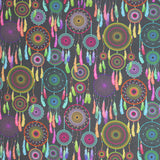 Square swatch reve fabric (dark grey fabric with bright and pastel coloured dream catchers in various sizes and styles in yellow, green, blue, pink, orange, purple colourway)