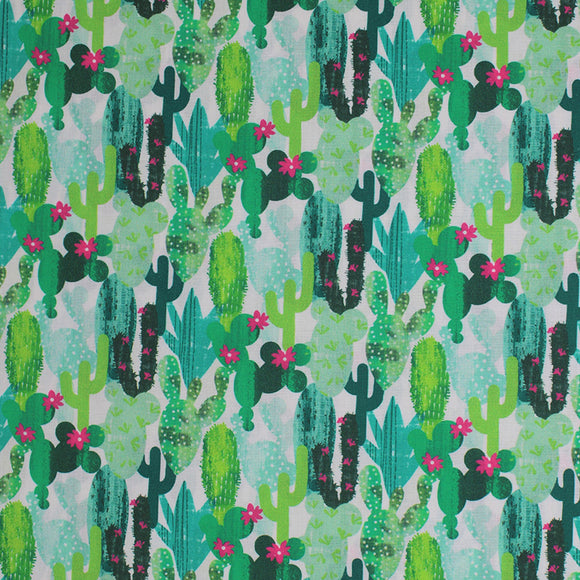 Square swatch Cactus fabric (white fabric with lots of layered cacti in varying styles and shades of green, some with small pink flowers)
