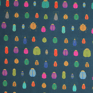 Square swatch Scarab fabric (dark blue/green fabric with lines of multi coloured beetle bugs yellow bodies with pink, grey, green, teal, blue, purple, pink, orange shells)