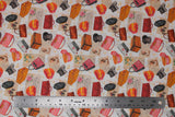 Flat swatch couturiere fabric (white fabric with faint yellow floral design and tossed yellow and orange hats with pink and yellow floral, tossed black top hats, tossed brown suitcases in various styles, tossed purses/clutches in various styles, tossed letters)