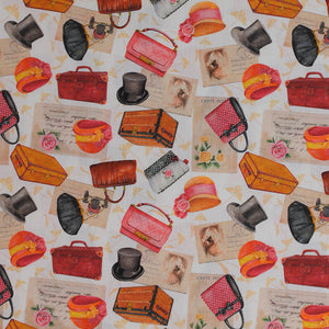 Square swatch couturiere fabric (white fabric with faint yellow floral design and tossed yellow and orange hats with pink and yellow floral, tossed black top hats, tossed brown suitcases in various styles, tossed purses/clutches in various styles, tossed letters)