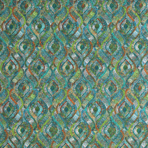 Square swatch Kruger fabric (teal and green patterned fabric with orange and white accents all in a flowing swoopy DNA-like pattern)