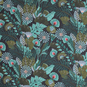 Square swatch Morris fabric (darkest green/blue fabric with busy layered jungle look greenery in various shades of green and teal with subtle pink accents on some plants)