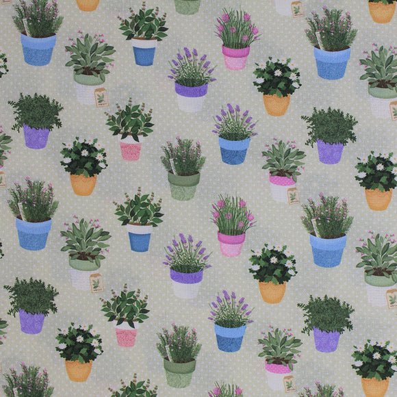 Square swatch Garden fabric (pale green fabric with tiny white polka dots and assorted potted plants allover. Green, yellow, purple, blue, pink pots with green plants and floral)