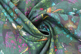 Swirled swatch kijani 3 fabric (dark green fabric with large floral heads in white and green and green, blue, pink greenery with tossed large swallow style birds)