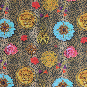 Square swatch gaia fabric (small cheetah print background in beige, tan with black spots and tossed floral heads in pink, red and blue, circular gold lion brooches, gold floral appliques with red and purple tassels)