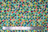 Flat swatch Caleido fabric (geometric collage look pattern fabric circles allover with diamonds within all in lime green, green, teal, pink, blue, orange colourway)