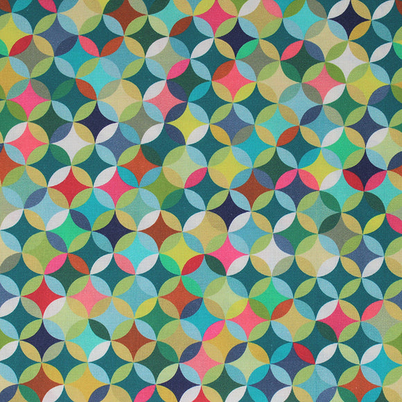Square swatch Caleido fabric (geometric collage look pattern fabric circles allover with diamonds within all in lime green, green, teal, pink, blue, orange colourway)