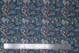 Flat swatch Judith fabric (dark blue fabric with busy repeated floral pattern in wildflower bouquets, pink, white, green, blue flowers with greenery/stems)