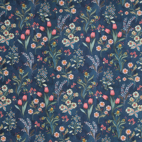 Square swatch Judith fabric (dark blue fabric with busy repeated floral pattern in wildflower bouquets, pink, white, green, blue flowers with greenery/stems)