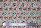 Flat swatch framed kitties fabric (beige and light blue marbled fabric with pink and blue floral with greenery around various style frames with kitten photos inside)