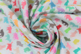 Swirled swatch silhouette fabric (white fabric with tiny cat silhouettes in bright various colours tossed allover in different poses)