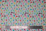 Flat swatch silhouette fabric (white fabric with tiny cat silhouettes in bright various colours tossed allover in different poses)