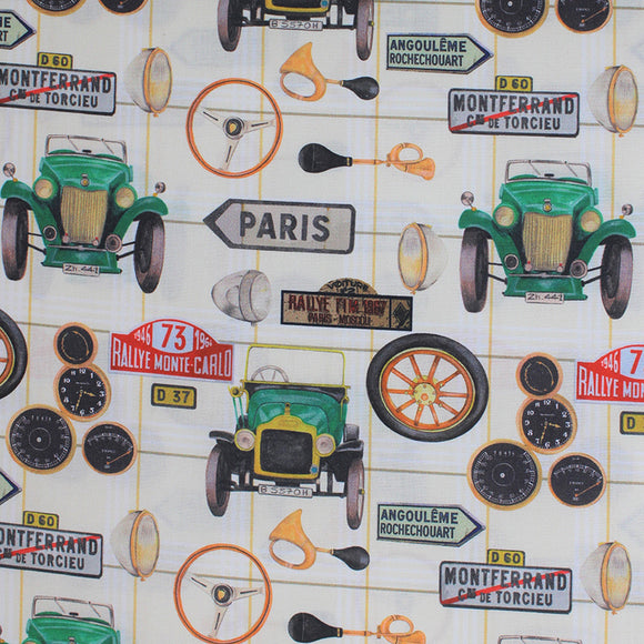 Square swatch auto fabric (off white fabric with pale yellow/green grid lines and tossed vintage car related emblems, green old car, tires, odometers, horns, road signs, etc. in full colour)