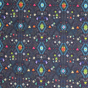 Square swatch Carcas fabric (dark blue/black fabric with busy southwest look pattern with geometric style shapes allover in blue, orange, pink, purple colourway)