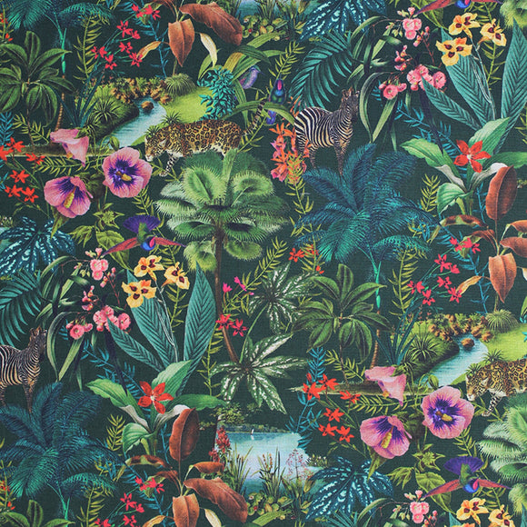 Square swatch Venezuela fabric (dark green fabric with busy tropical look greenery and plants layered allover with pink and purple floral, tigers and zebras and small water scenes)