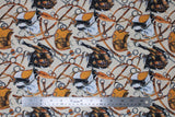 Flat swatch horse fabric (off white fabric with tossed brown and white painted look horses with brown saddles and bits, jockey boots on horses saddles, etc)