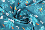 Swirled swatch fish fabric (deep teal blue fabric with small tossed blue and orange fish in varying sizes, pale teal sea plants and bubbles allover)