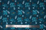 Flat swatch fish fabric (deep teal blue fabric with small tossed blue and orange fish in varying sizes, pale teal sea plants and bubbles allover)
