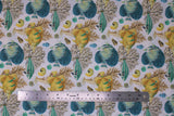 Flat swatch fish & shells fabric (white fabric with large yellow, blue and teal fish with tossed yellow, brown, green, blue shells, and brown/blue coral in background)