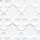 Swatch of white quilted vinyl in a pattern of repeated quatrefoil rows