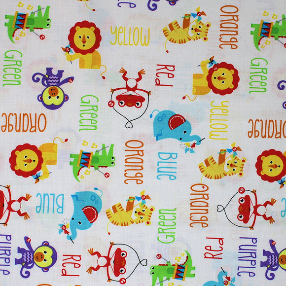 Square swatch Fisher-Price Main fabric (white fabric with tossed cartoon style zoo animals in full colour with multi directional colour texts in same colour (orange 