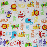 Square swatch Fisher-Price Main fabric (white fabric with tossed cartoon style zoo animals in full colour with multi directional colour texts in same colour (orange "orange" text, etc.) allover)